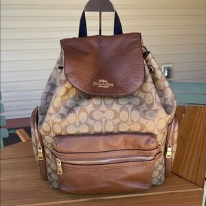 Coach Signature Tan and Brown Leather & Canvas & Leather Backpack